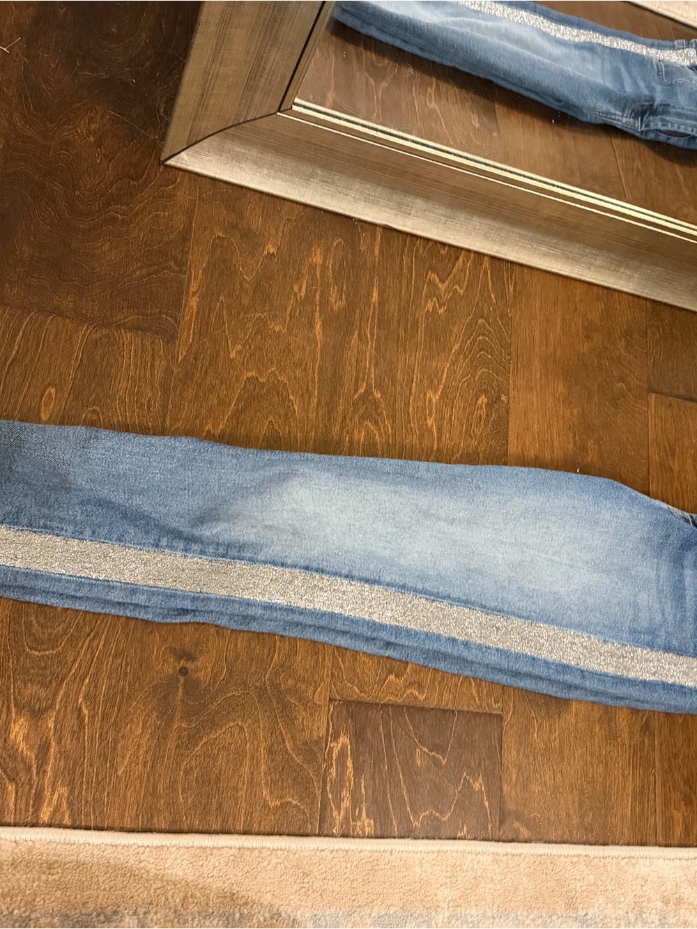 7 For All Mankind Light Blue Skinny Jeans with Silver Sparkle Side Stripe